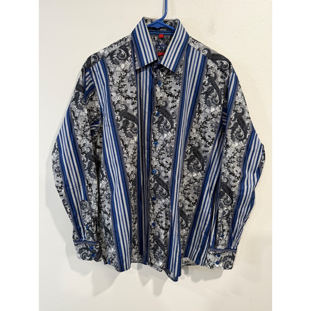 Luciano‎ Moresco Mens Mercerized Cotton Paisley Striped Button Down Shirt Blue M